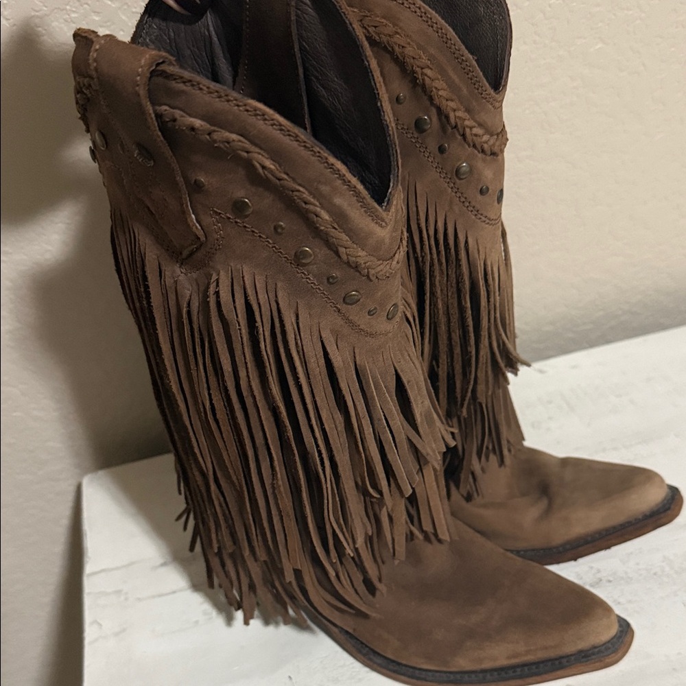 LIBERTY Black Brown Fringe Heeled Boots